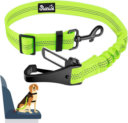 SlowTon Dog Seat Belt, Adjustable Dog Safety Belt Leash, 2 in 1 Latch Bar Attachment Dogs Car Seatbelt with Elastic Nylon Bungee Buffer, Reflective Nylon Belt Tether(VL,35.5in)