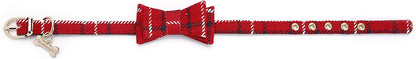 Puppy Collars for Small Dogs - StrawberryEC Adjustable Puppy Id Buckle Collar Leather. Cute Plaid Bandana Dog Collar (Bow-Red Grid)