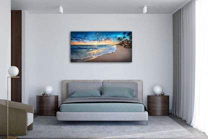 Jiuqinghua Canvas Prints Wall Art Blue Beach Ocean Landscape Paintings 1 panel Sunset Sea Waves Wall Decor Pictures Stretched and Framed for Living Room Bedroom and Office Decor Artwork 24x48inch