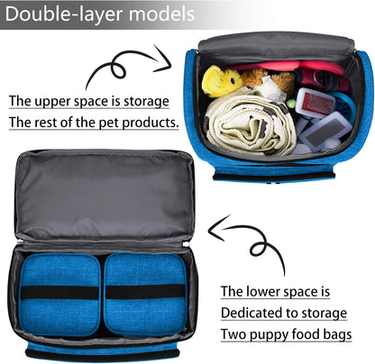 BAGLHER Pet Travel Bag, Double-Layer Pet Supplies Backpack (for All Pet Travel Supplies), Pet Travel Backpack with 2 Silicone Collapsible Bowls and 2 Food Baskets Blue - Pawvie