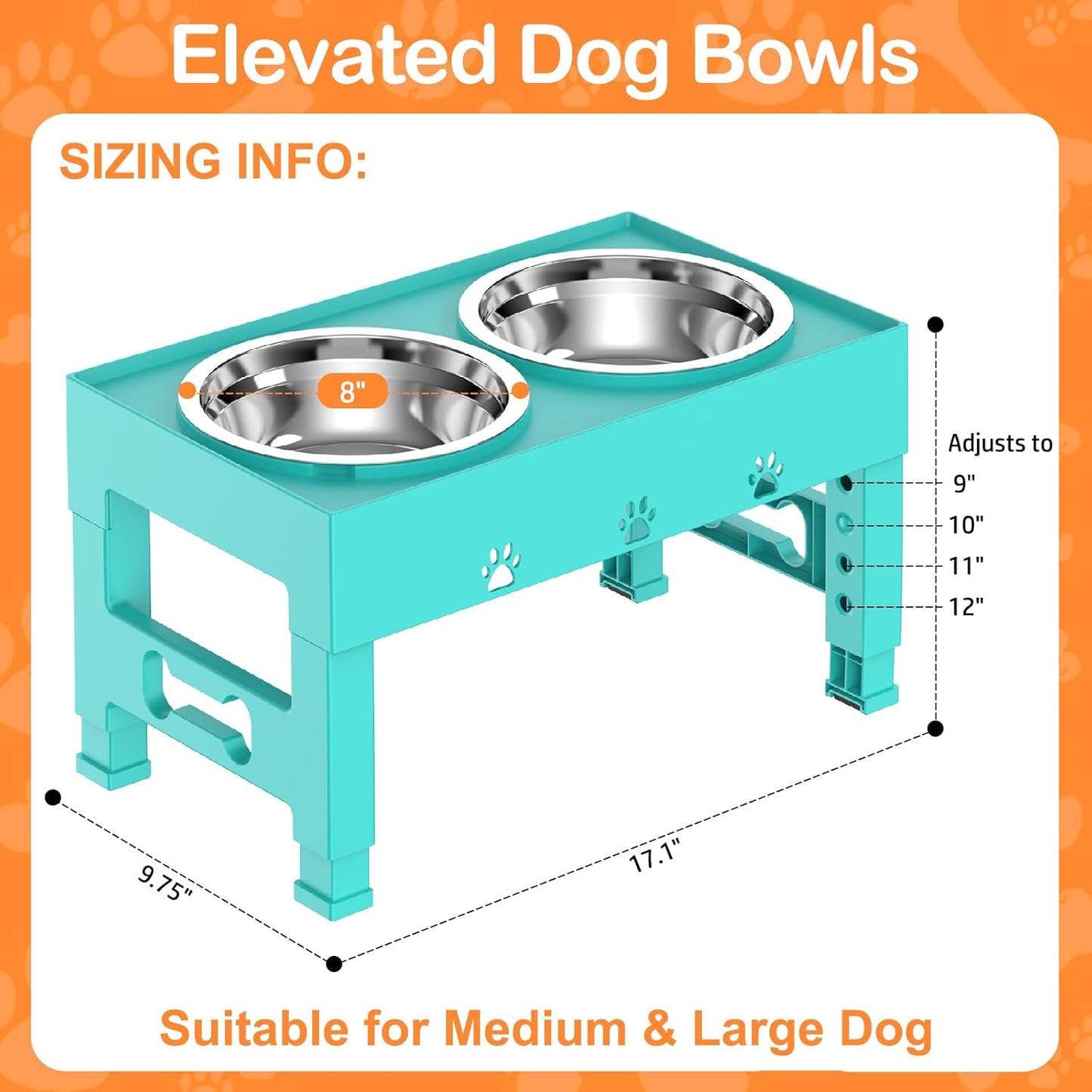 Elevated Dog Bowls with 2 Stainless Steel Bowls, Raised Dog Food Bowl Stand 5 Height Adjustable (3.1", 9", 10", 11", 12") Non-Slip Feeder Set for Medium and Large Dogs - Turquoise