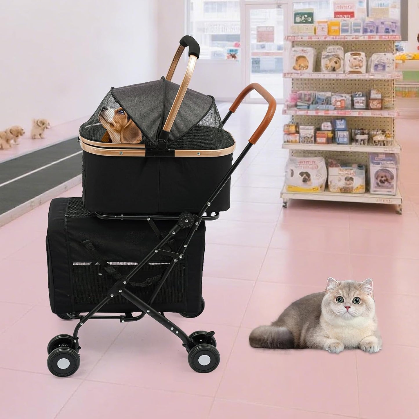 Foldable Pet Stroller for Small & Medium Dogs, Double Dog & Cat Stroller with 3-in-1 Travel System, Detachable Pet Carrier with Wheels for Cats and Dogs up to 77 lbs, Black - Pawvie