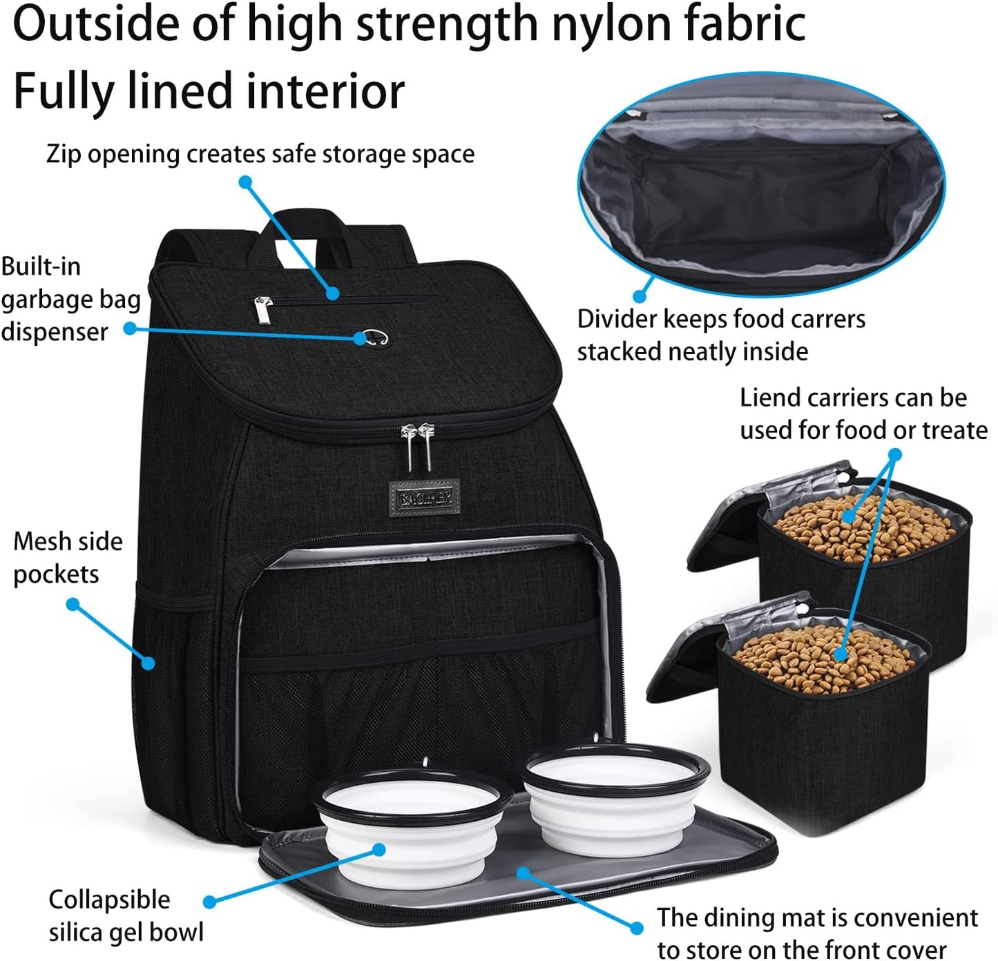 BAGLHER丨Dog Travel Bag, Airline Approved Pet Supplies Backpack, Dog Travel Backpack Accessories Set with 2 Silicone Collapsible Bowls and 2 Food Baskets. Black - Pawvie