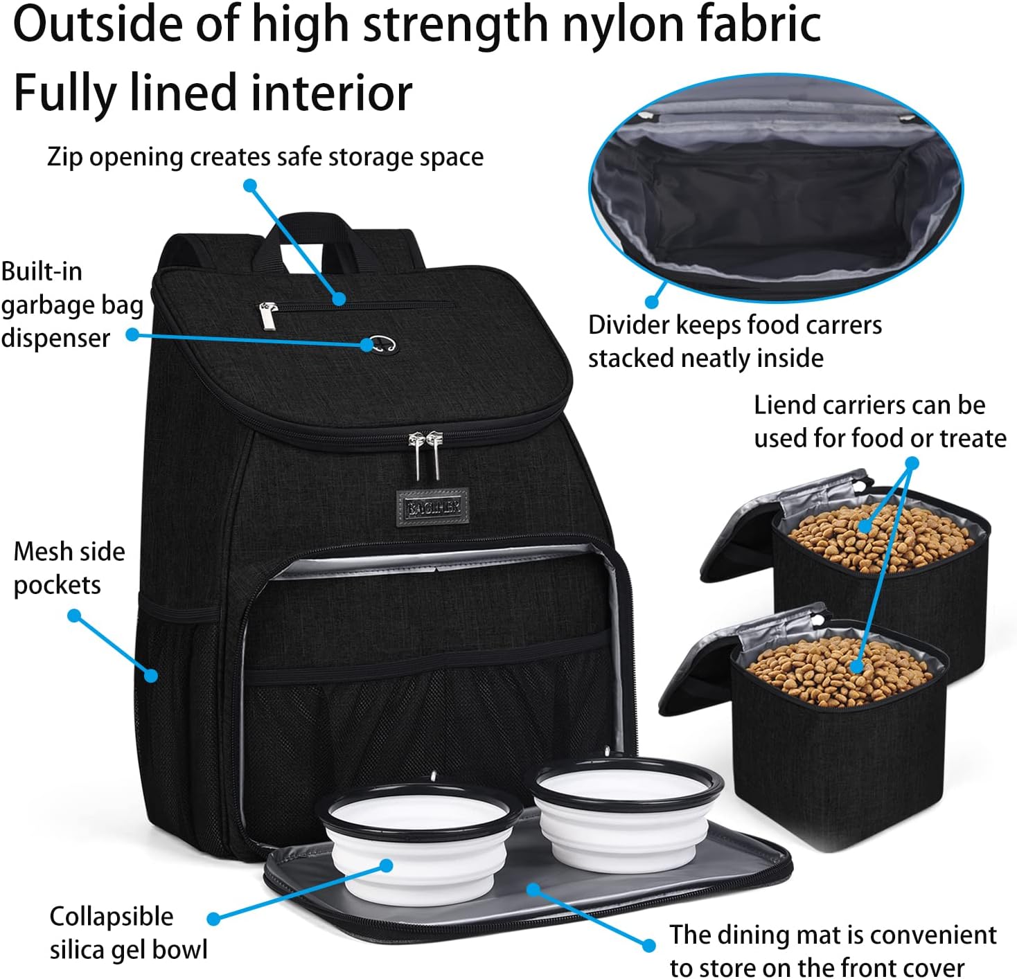 BAGLHER丨Dog Travel Bag, Airline Approved Pet Supplies Backpack, Dog Travel Backpack Accessories Set with 2 Silicone Collapsible Bowls and 2 Food Baskets. Black - Pawvie