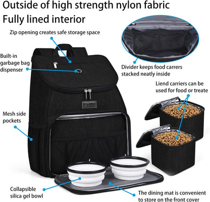 BAGLHER丨Dog Travel Bag, Airline Approved Pet Supplies Backpack, Dog Travel Backpack Accessories Set with 2 Silicone Collapsible Bowls and 2 Food Baskets. Black - Pawvie