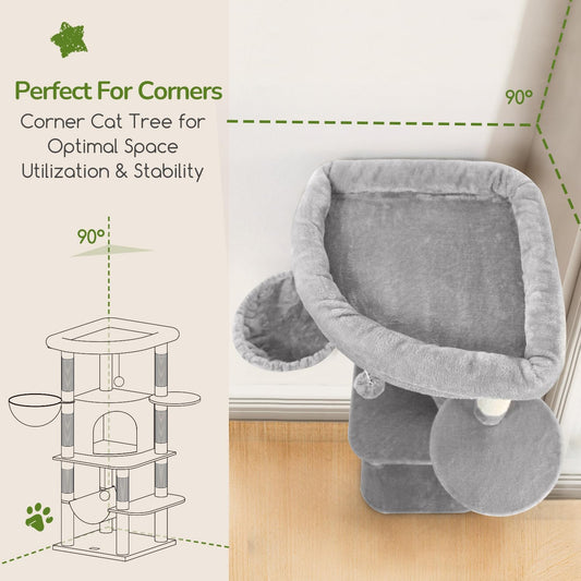 Globlazer Corner Cat Tree Tower for Indoor Cats, 51in Multi-Level Cat Condo Tower with Large Hammock, 7 Sisal Scratching Posts, Oversized Top Perch, Spacious Cat Cave, Hanging Basket, C51, Light Gray
