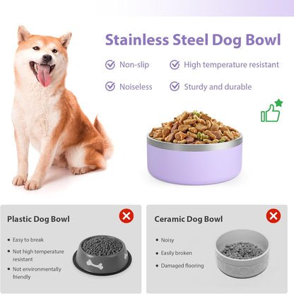 Stainless Steel Dog Bowls, Metal Dog Bowls, Water Bowl for Dogs, Dog Food Bowls, Pet Bowls for Dogs, Dog Dish for Large Dogs, Insulated Dog Bowl, Non Slip Dog Bowl,Easy Clean,64oz,LightPurple