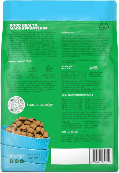 Get Joy Gut Health Fresh Freeze Dried Raw Meal, Chicken Recipe, 16 Ounce Bag, Dog Food for Dogs of All Breeds and Life Stages, PhD Animal Nutritionist Formulated, Made in USA