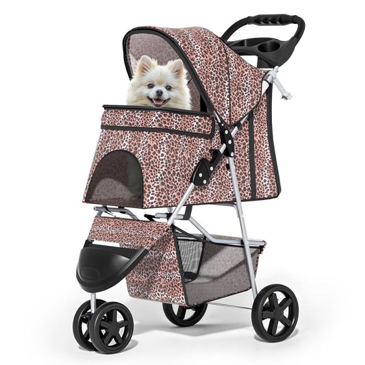 MoNiBloom 3 Wheels Pet Dog Cat Stroller for Small Medium Dogs Cats, Lightweight Foldable Jogger Stroller w/Storage Basket & Cup Holder, Leopard Print - Pawvie