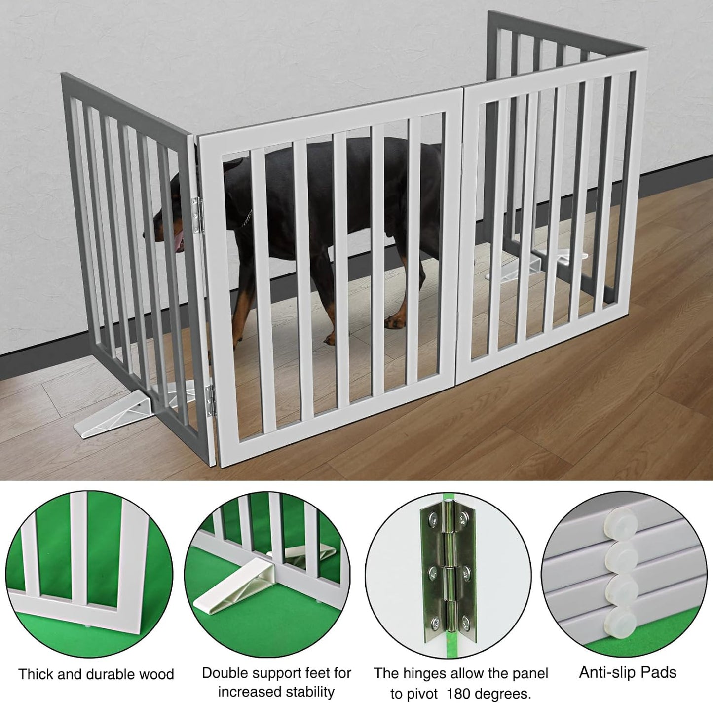 ZJSF Freestanding Indoor Dog Gate for House Foldable Wood Puppy Gate for Doorways Pet Gate for Stairs Extra Wide Pet Fence, Grey, 24" Height 4 Panels