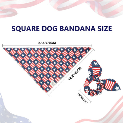 E-Clover 4th of July Dog Bandanas & Matching Scrunchie Set American Flag Dog Scarf Washable Patriotic Pet Bandana Kerchief Bibs for Medium Large Dogs Owner Gifts