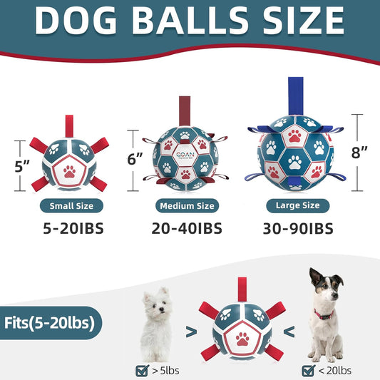 QDAN Dog Toys Soccer Ball with Straps, Outdoor Toys for Tug of War, Puppy Birthday Gifts, Dog Water Toy, Durable Balls for Small Dogs - Blue Red（5 Inch）