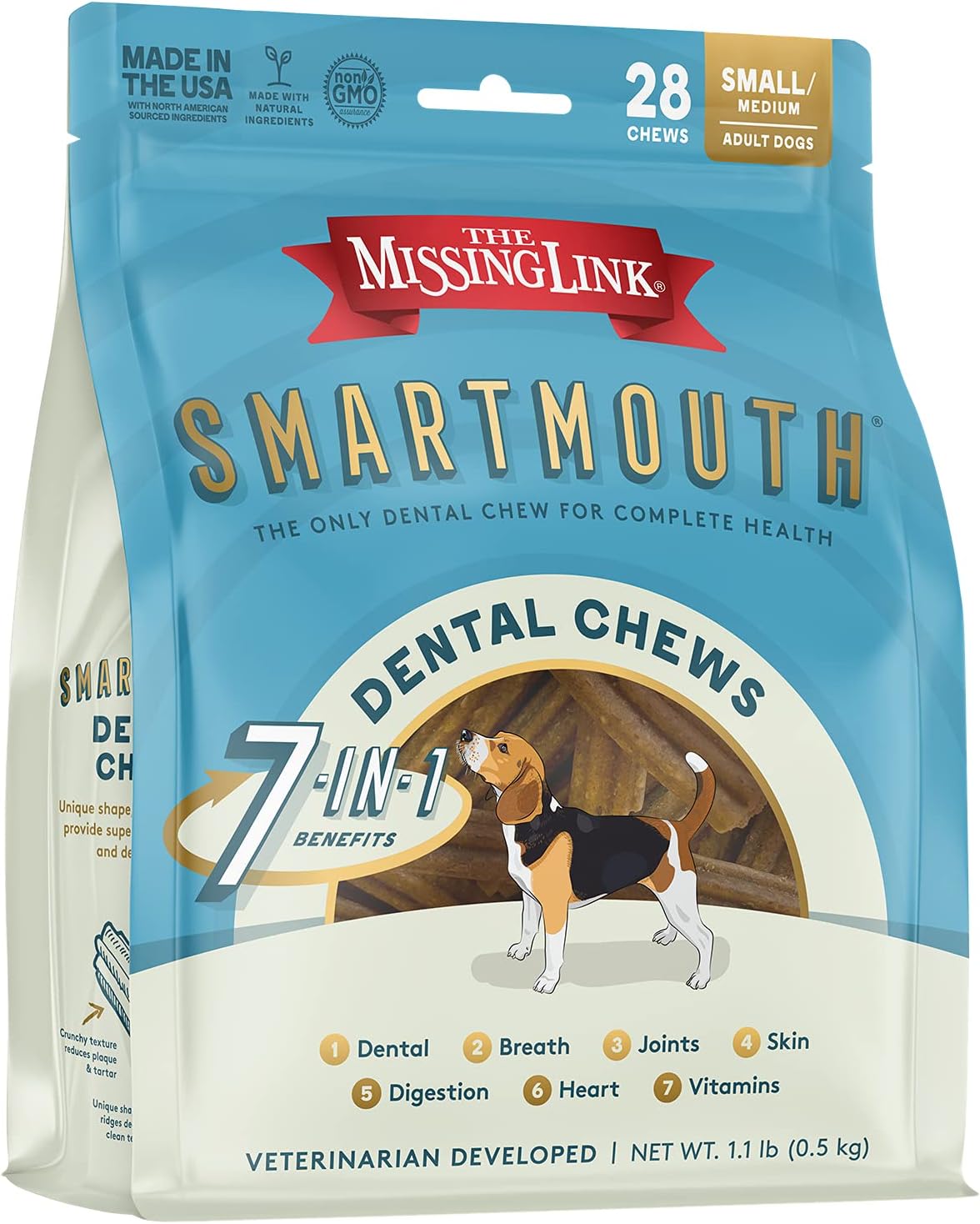 The Missing Link Smartmouth Vet Developed Dental Chew Treats, 7-in-1 Benefits: Healthy Teeth & Gums, Breath, Skin, Joints, Digestion, Heart, Immune System – Small/Medium 15-50lb Dogs, 28 Ct