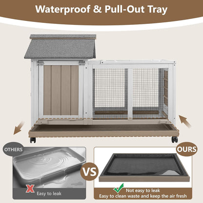 38''L Rabbit Hutch Outdoor Indoor with Wheels, Wooden Expandable 2 Story Bunny House Rabbit Cage with Run, Waterproof Roof, Pull Out Tray, Guinea Pig Cage Chicken Coop for Small to Medium Pets