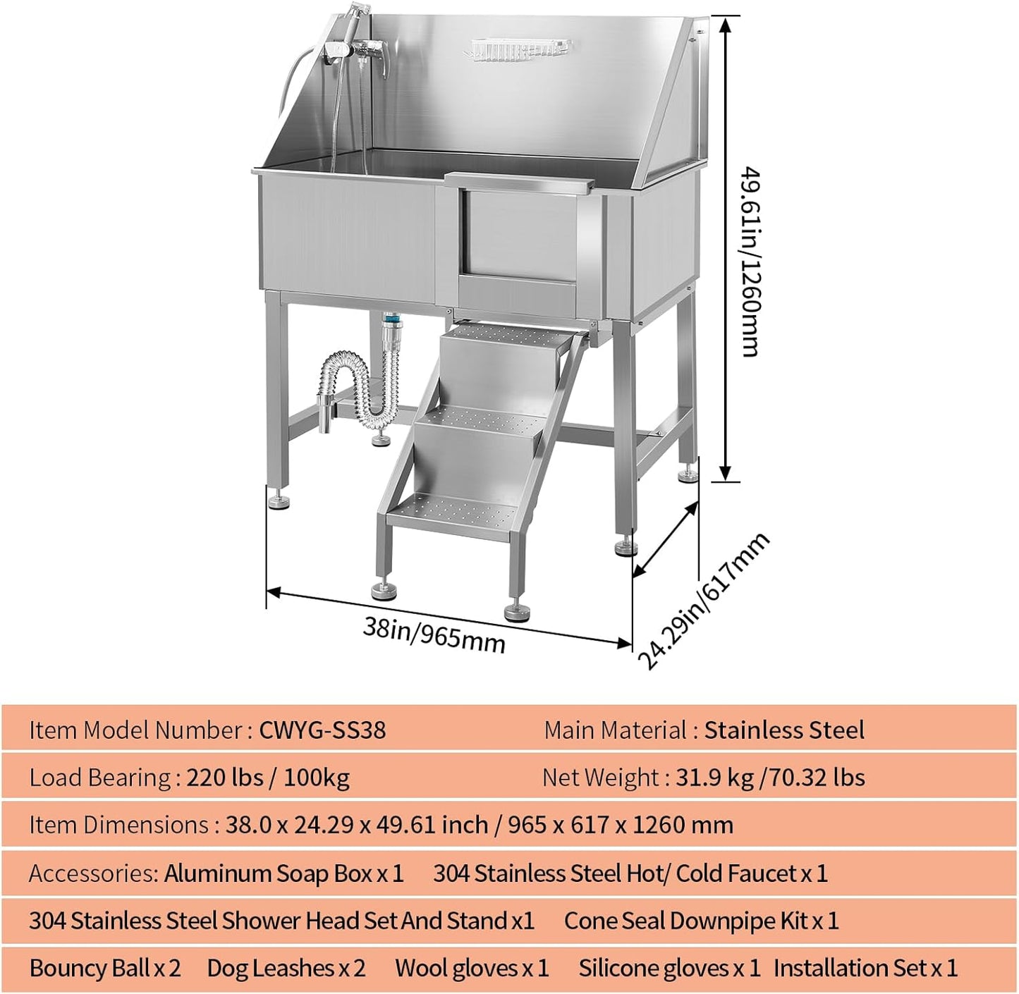 38 Inch Dog Bathing Station for Large Dogs, Stainless Steel Dog Pet Washing Station, Professional Dog Grooming Tub, Pet Wash Bath Station,Right Door