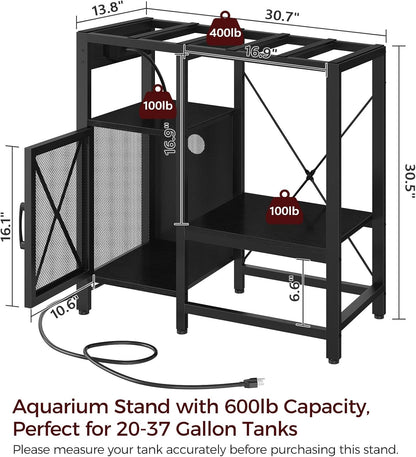20-37 Gallon Fish Tank Stand, Aquarium Stand with Power Outlet and Storage Cabinet, Heavy Duty Tank Stand Suitable for Turtle Tank, Reptile Terrarium, for Home Office, Black FTHB40E01