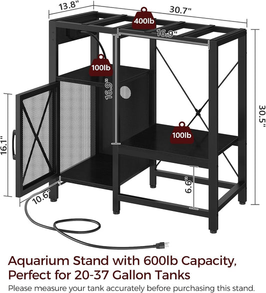 20-37 Gallon Fish Tank Stand, Aquarium Stand with Power Outlet and Storage Cabinet, Heavy Duty Tank Stand Suitable for Turtle Tank, Reptile Terrarium, for Home Office, Black FTHB40E01