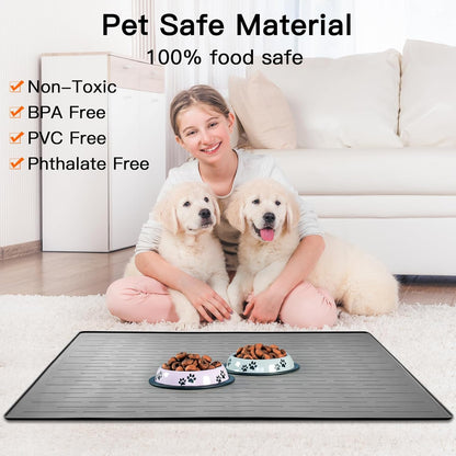 32" x 24" Large Pet Food Mat, Silicone Dog Mats for Food and Water, Nonslip Pet Feeding Mats for Floors,Dog Cat Bowl Mat with Raised Edges, Lake Blue