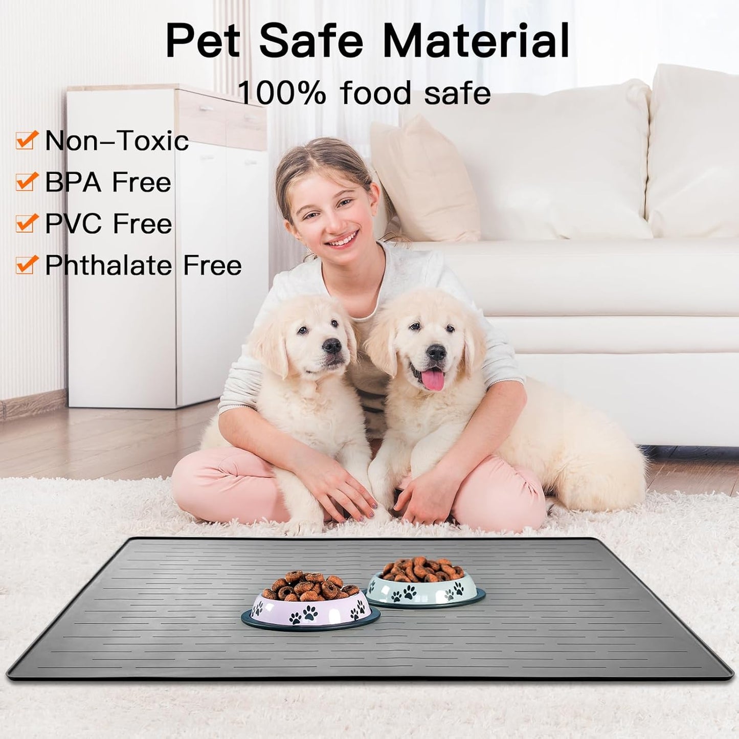 48" x 32" XXXL Largest Pet Food Mat, Silicone Dog Mats for Food and Water, Nonslip Pet Feeding Mats for Floors,Dog Cat Bowl Mat with Raised Edges, Light Gray