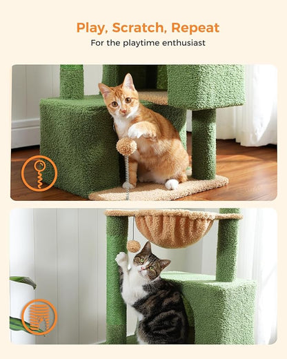 45-Inch Green Cat Tree with 2 Condos for Indoor Cats,Cat Tower with Scratching Posts for Small Cats,Cactus Cat Tree Tower with Hammock and Cat Toys