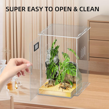 Reptile Terrariums with Temperature Hygrometer, 5.9"x5.9"x9.8" Acrylic Breeding Box Terrarium Cage Tank for Small Reptile Insect Home Office (Arboreal)