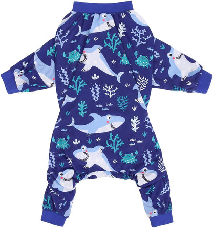 HDE Dog Pajamas One Piece Jammies Jumpsuit Pet Clothes Outfit Stretchy Lightweight Comfy Shirt Pjs for M-3XL Dogs Sharks - L