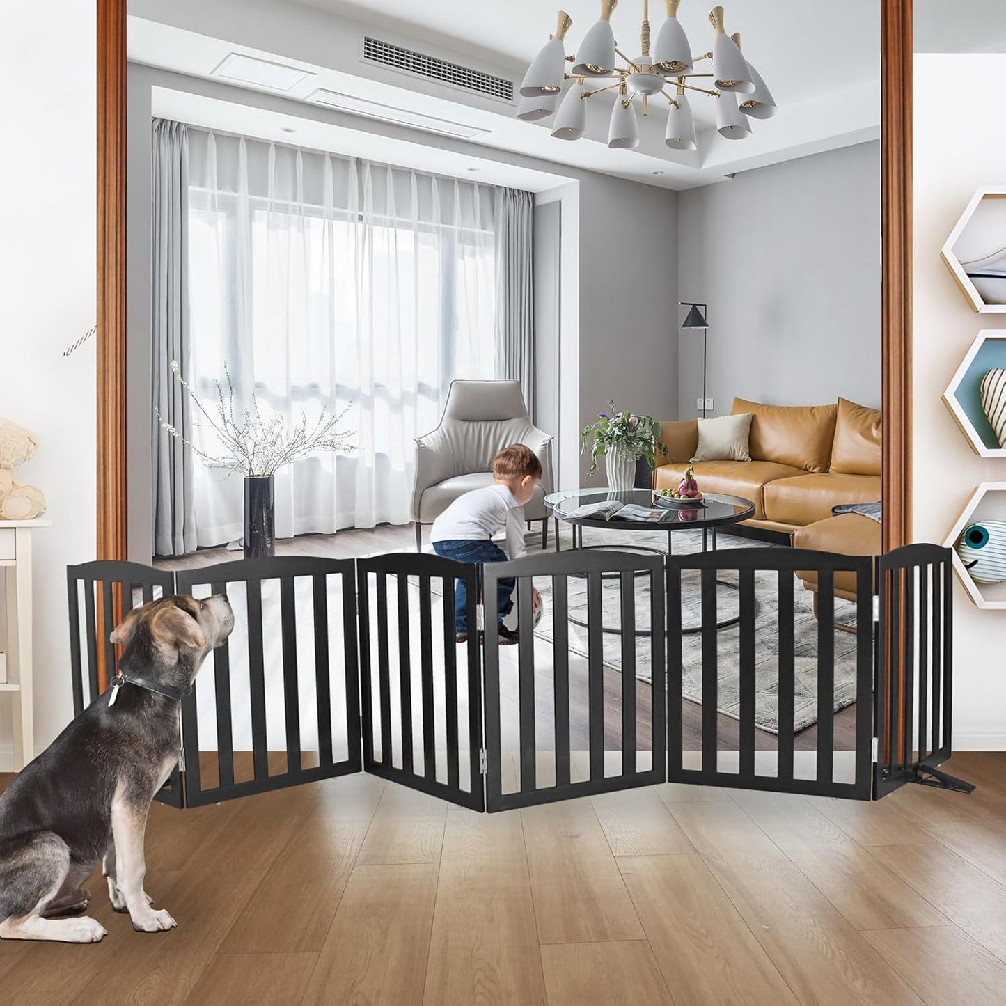 ZJSF Foldable Freestanding Indoor Dog Gate for House Wood White Long Pet Gates Dog Fence for Stairs Puppy Gates for Hallways, Puppy Gate,Support Feet Included, Black, 24 "Height-6 Panels