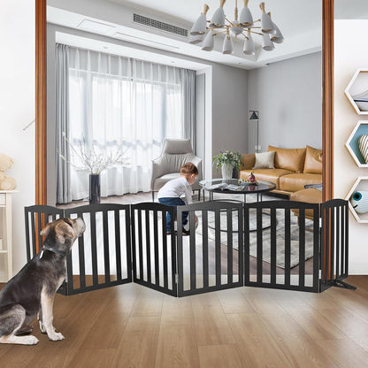 ZJSF Foldable Freestanding Indoor Dog Gate for House Wood White Long Pet Gates Dog Fence for Stairs Puppy Gates for Hallways, Puppy Gate,Support Feet Included, Black, 24 "Height-6 Panels
