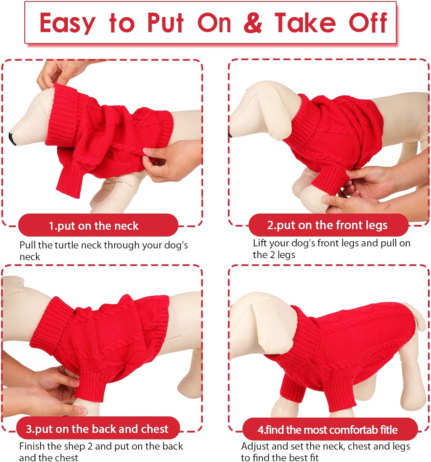 Queenmore Small Dog Pullover Sweater, Cold Weather Cable Knitwear, Classic Turtleneck Thick Warm Clothes for Chihuahua, Bulldog, Dachshund, Pug (Red, Large)