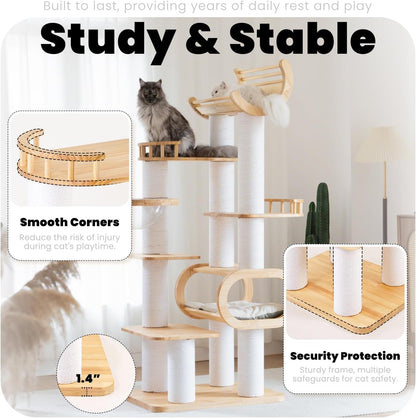 74.8" Modern Cat Tree for Indoor Cats, Tall Wood Cat Tower with Scratching Post, Heavy Duty Luxury Condo with Removable Mats, Multi-Level Cat Furniture for Cats