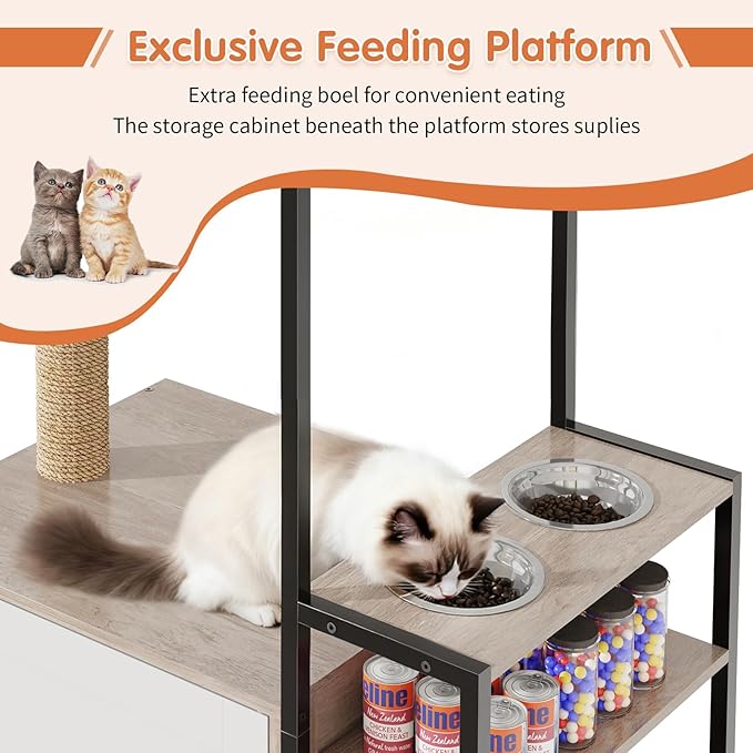 HavenlyYouth Cat Tree with Food Station and Litter Box Enclosure, Multi-Level Cat Tree Tower with Sisal Scratch Posts for Playtime, Plush Hammock in Gray for Cozy