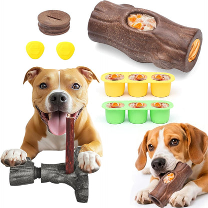 Tree Stump Dog Puzzle Toy for Medium/Large Dogs – Interactive Chew Toy with Frozen Treat Molds & Peanut Butter Grooves, Tree Trunk Bully Stick Holder for Dogs, Fits Various Bully Sticks