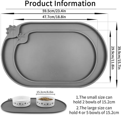 KPWACD Pet Placemat for Dog and Cat, Waterproof Silicone Dogs Feeding Bowl Mat Prevent Food and Water Overflow, High-Lips Puppy Dish Mats Suitable for Small Medium Big Pets, Grey, 24" * 16"