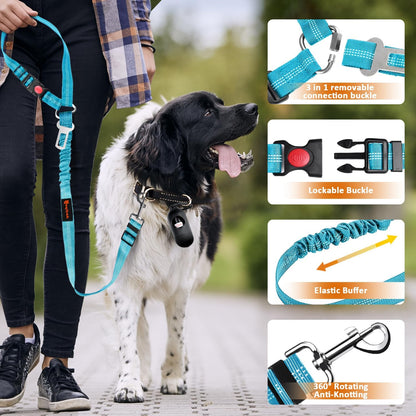Removable Dog Seat Belt Harness for Car, 3 in 1 Pet Dog Car Seatbelt Leash, Retractable Restraint Secures to Vehicle Headrest & Adjustable Reflective Bungee Dog Seatbelt Tether, Blue
