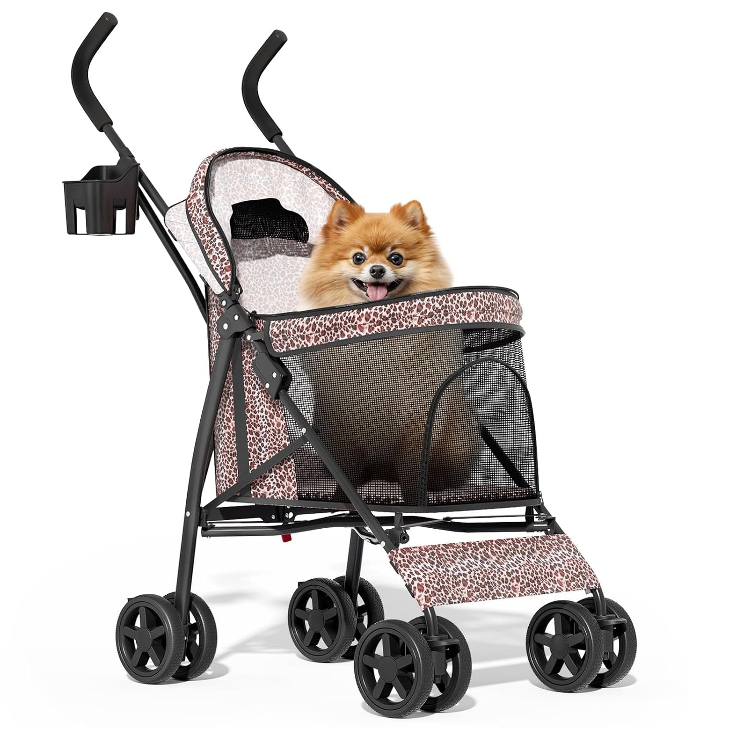 MoNiBloom 4 Wheels Pet Stroller, Easy-Fold Umbrella Shaped Dog Cat Jogger Stroller w/Storage Bag & Visible Mesh for Small/Medium Dogs Cats Leopard Print - Pawvie