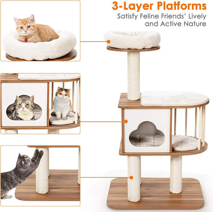 Tangkula Modern Wood Cat Tree, 46 Inches Cat Tower with Platform, Cat Activity Center with Scratching Posts and Washable Cushions, Wooden Cat Condo Furniture for Kittens and Cats (Natural)