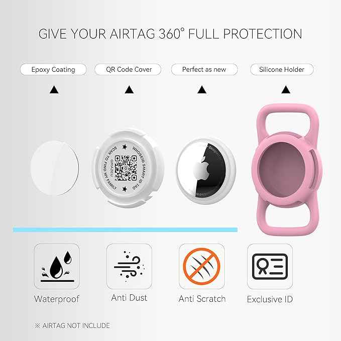 QR Code Airtag Holder, Scan QR Code Send Location Alert Email, Waterproof Full Body Protection Anti-Lost Air Tag Case, Airtag Accessories for Dog, Cats, Collar, Backpack (Pink, Regular)