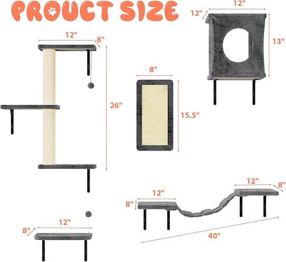 NUNU LAB Cat Wall Shelves, 5Pc Wall Mounted Cat Climber, Floating Perch, Bridge,Tree, House, Modern Indoor Furniture for Kitten - Gray