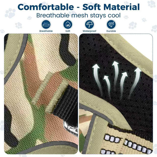 Funfox Dog Harness No Pull, Adjustable Pet Vest Harness, Super Soft Material with Vertical Handle Easy Control, Reflective Night Walking, 2 Leash Clips for XLarge Dogs, Camo Green, XL