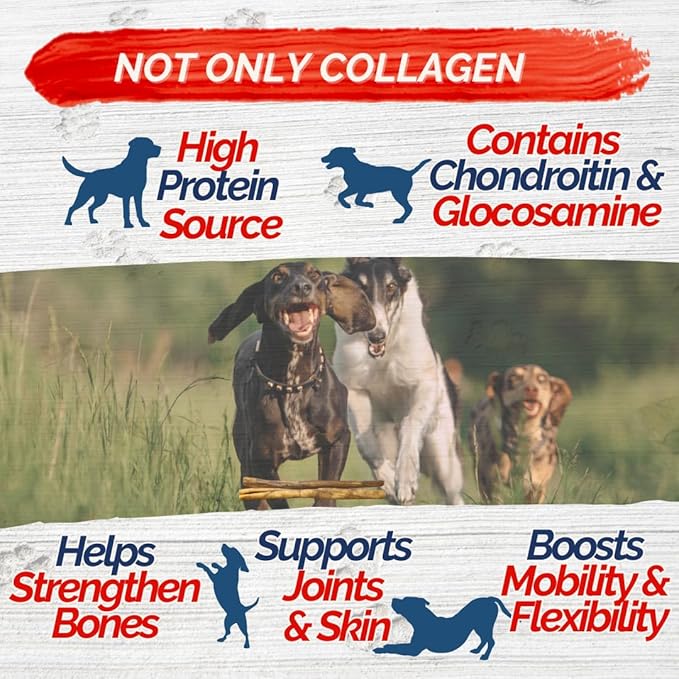 Natural Collagen Sticks for Dogs 12 Pack - 12 Inches Long-Lasting Alternative to Bully Sticks, Rawhide-Free Collagen Chews w/Chondroitin & Glucosamine for Joint Support & Dental Health