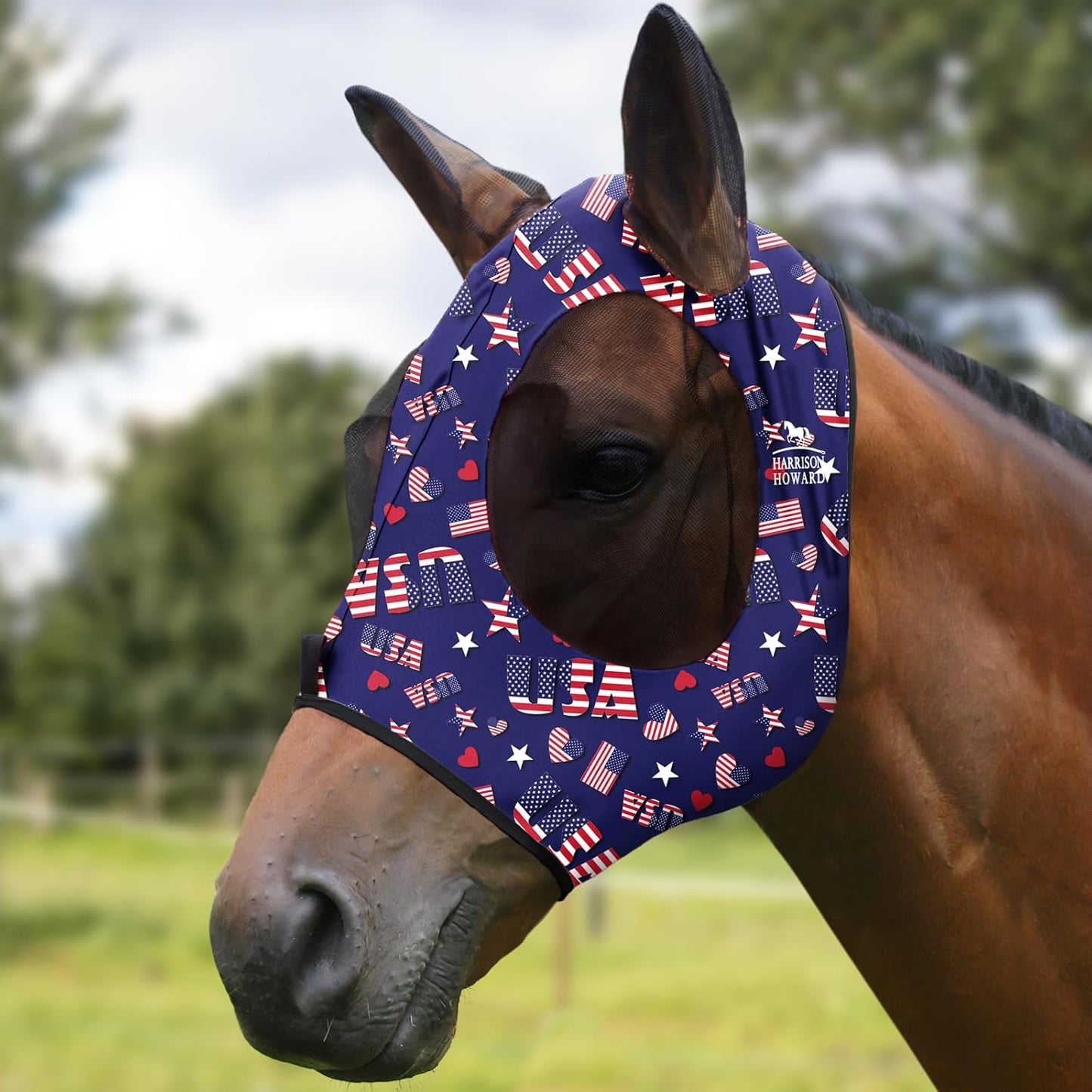 Harrison Howard Super Comfort Stretchy Fly Mask Large Eye Space with UV Protection Soft on Skin with Breathability Classic Letters Full Size