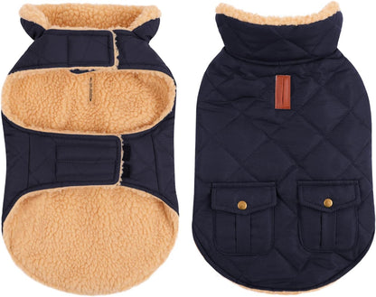 Queenmore Warm Puffer Dog Jacket, Quilting Winter Coat Ultra Thick Plush Lining with Storage Pockets (Dark Navy, X-Small)