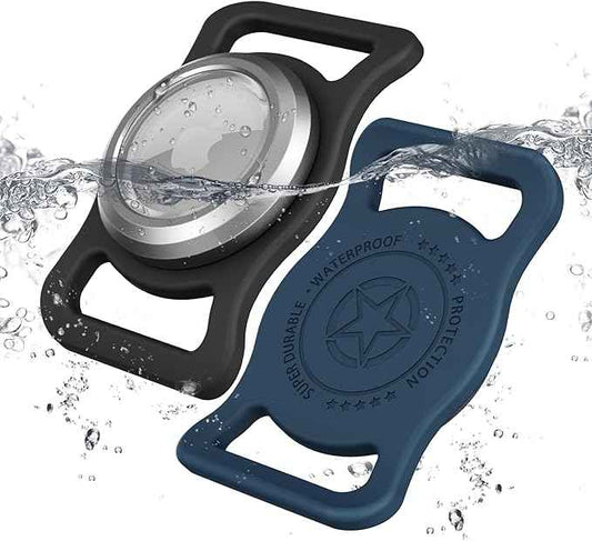 Waterproof Airtag Collar Holder, [2 Pack] Aluminum Full Body Covered Preventing Chewing Apple Air Tag Case for Pet Collar Backpack「Black/Navy blue-1PS」