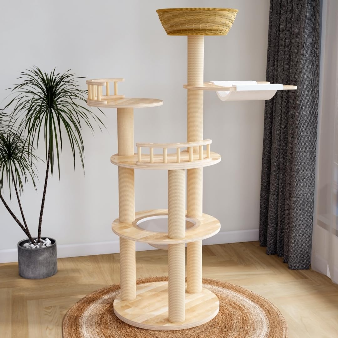 Modern Wood Cat Tree for Large Cats,Luxury Rattan Oak Cat Trees Towers，Rattan Cat Tree with Capsule &Hammock，3 Weaving Cat Nests & Washable, Sisal Scratching Posts, for Indoor Cats, (Large 02)