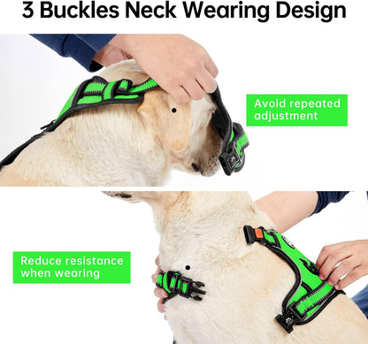 IVY&LANE No Pull Dog Harness for Large Dogs, Dog Vest Harness with Leash, Safety Belt and Storage Strap, Fully Adjustable Harness, 360° Reflective Strip, Soft Handle (Green, L)