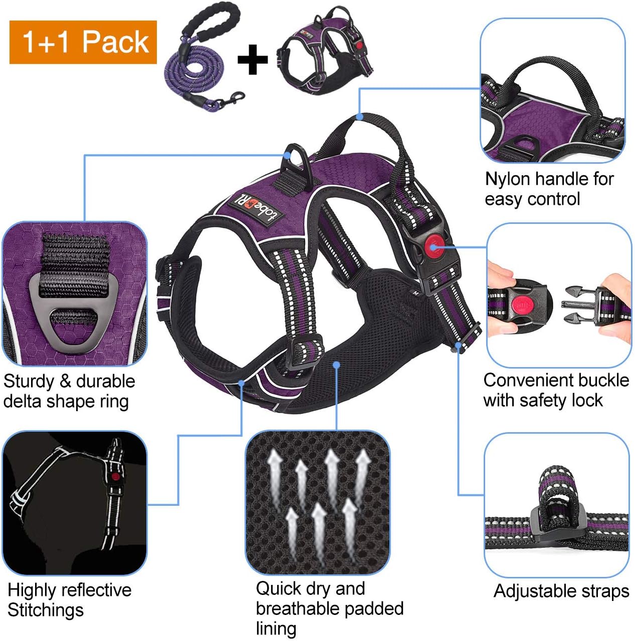 No Pull Dog Harness Adjustable Reflective Oxford Easy Control Medium Large Dog Harness with A Free Heavy Duty 5ft Dog Leash (M (Neck: 14.5"-20.5", Chest: 22"-28"), Purple Harness+Leash)