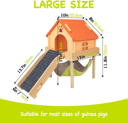 3 in 1 Enlarged Guinea Pig Hammock,Wooden Guinea Pig Hideout with House & Platform & Stairs Small Animal Toys for Hiding Sleeping Activities