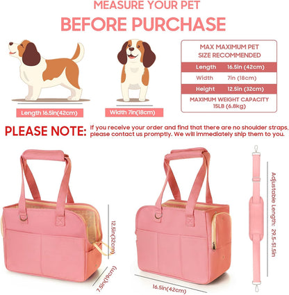Dog Purse Carrier for Small Dogs, Soft Soft Sided Folding Dog Carriers for Small Dogs Medium Cats Puppies up to 15 Lbs, Washable Breathable Puppy Carrier for Outdoor Travel (Large Pink)