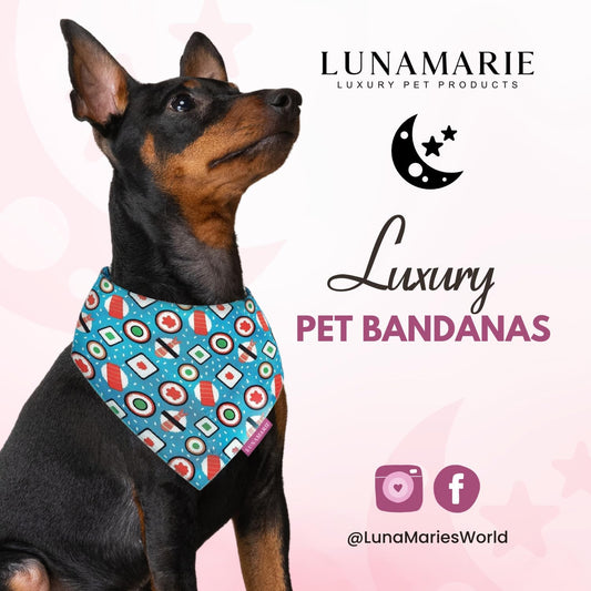LunaMarie - Luxury Pet Birthday Bandanas -Premium & Silky Poly Fabric | 100% Handmade | Custom Shape Dual Layered (Sushi, Small)