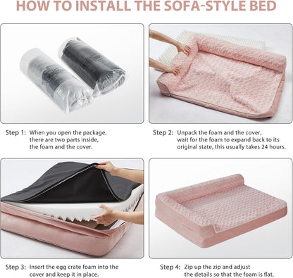 BFPETHOME Orthopedic Dog Beds for Large Dogs-Waterproof Sofa Dog Bed with Removable Washable Cover, Big Pet Bed with Waterproof Lining and Nonskid Bottom,Pet Bed for Large Dogs,Pink